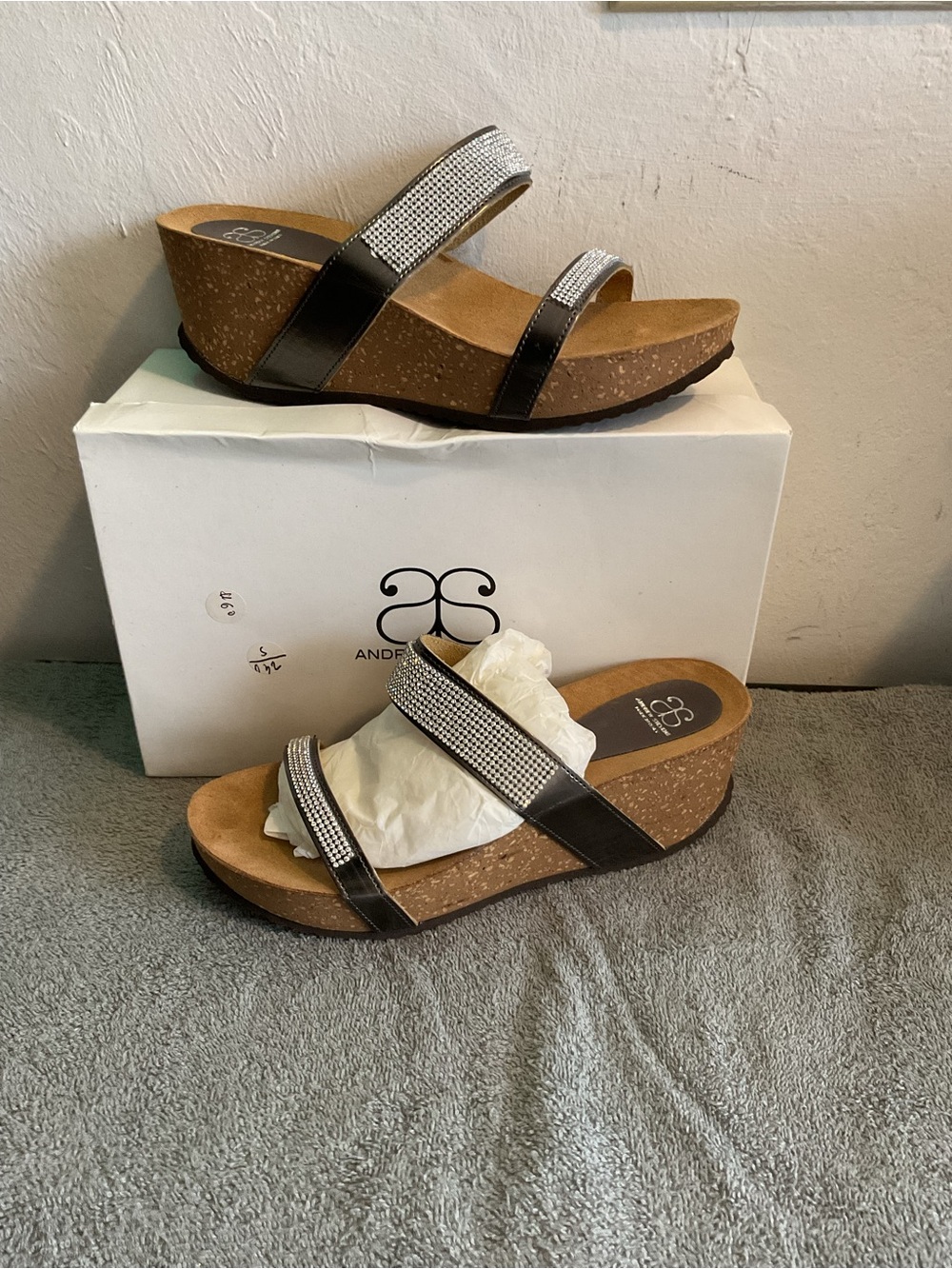 Andrew Stevens Black Wedge Sandals with Silver Rhinestone Straps